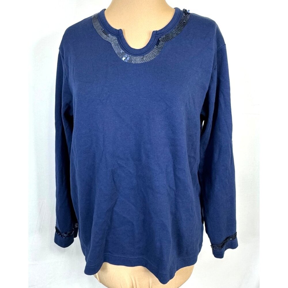 Quacker Factory Women's Large Blue Long Sleeve Top Sequin Accents